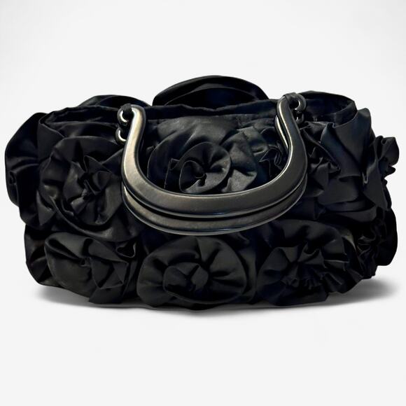 Vintage Mad by Design Black Silk Rose Handbag Glam Evening Purse Horn Handles - Picture 12 of 13